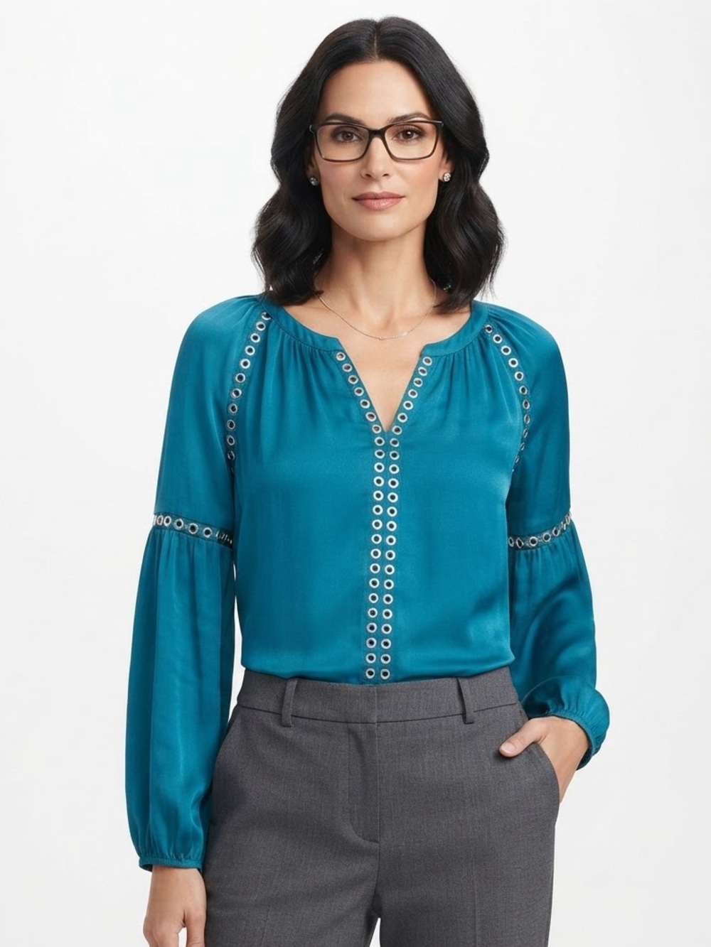 INC International Concepts Teal Eyelet-Trim Blouse - Women Tops